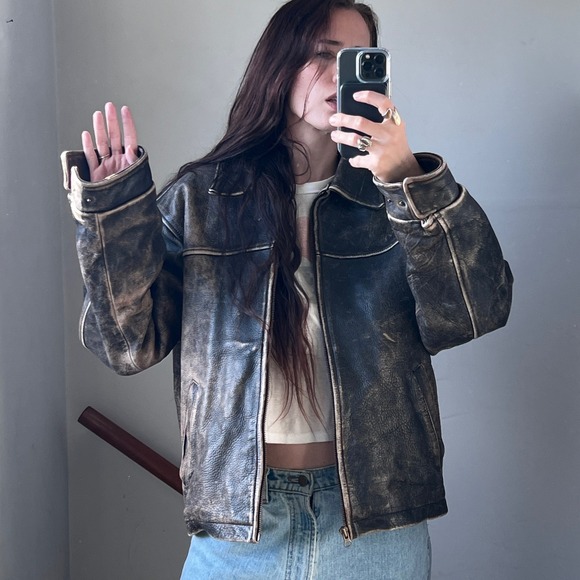 J. Crew Jackets & Blazers - Vintage 90s J. Crew Leather Bomber Jacket Large Brown Worn Distressed Faded